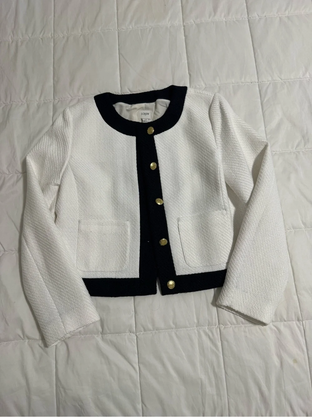 J. Crew White Textured Jacket with Black Trim and Gold Buttons